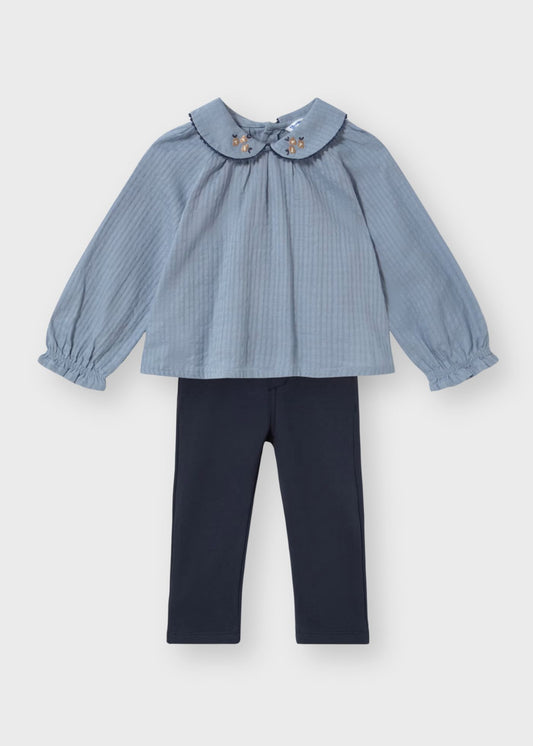 Conjunto blusa textura azul con pantalón de felpa bebé niña