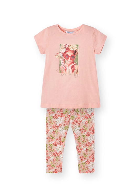 Conjunto salmón blusa con leggings mini niña