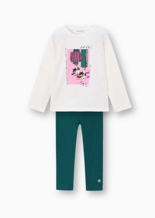 Conjunto legging y blusa verde botella mini niña