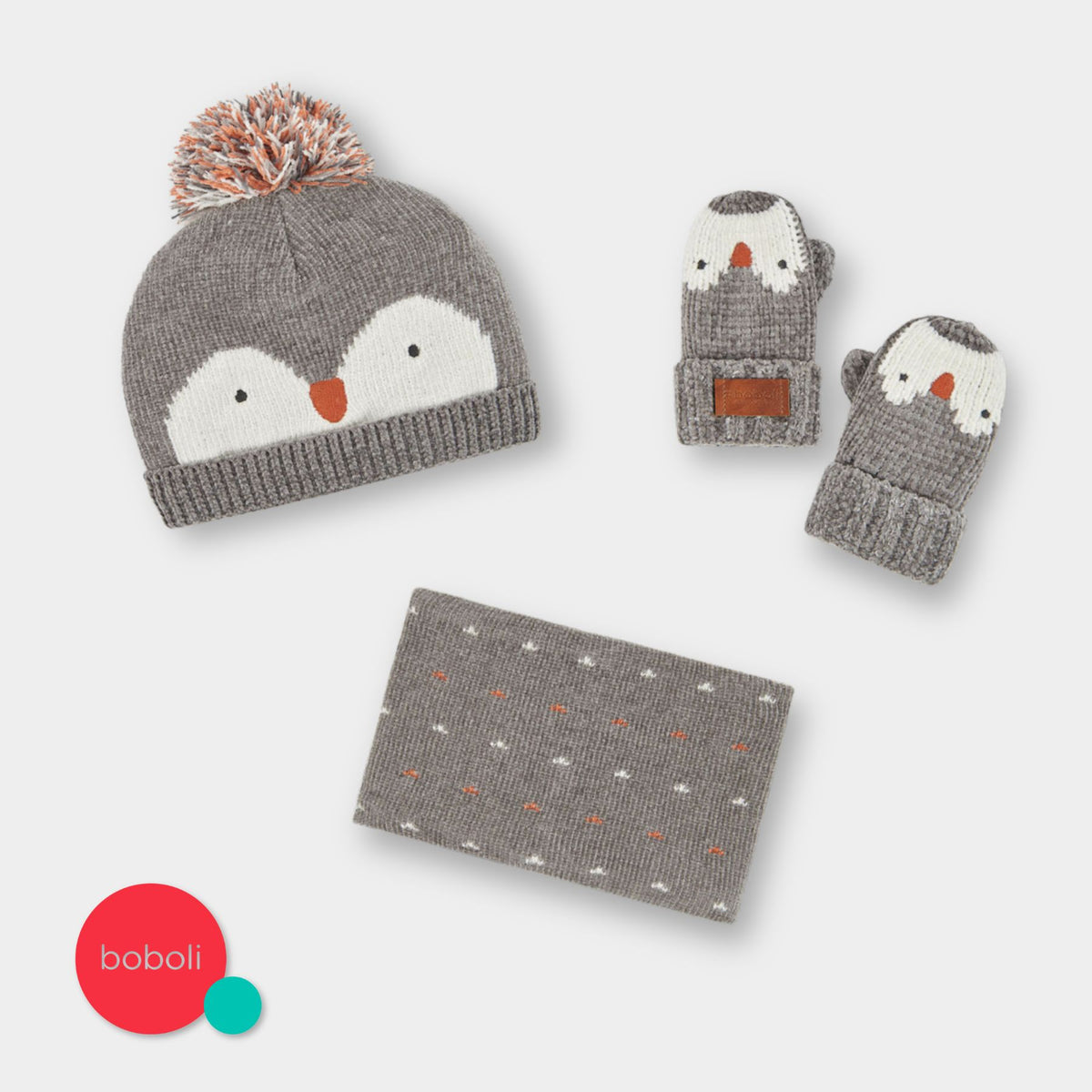 Pack gorro, bufanda y guantes pingüino para bebé niño