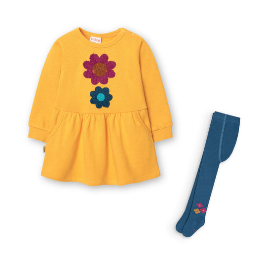 Vestido de felpa amarillo mostaza con mallas para mini niña
