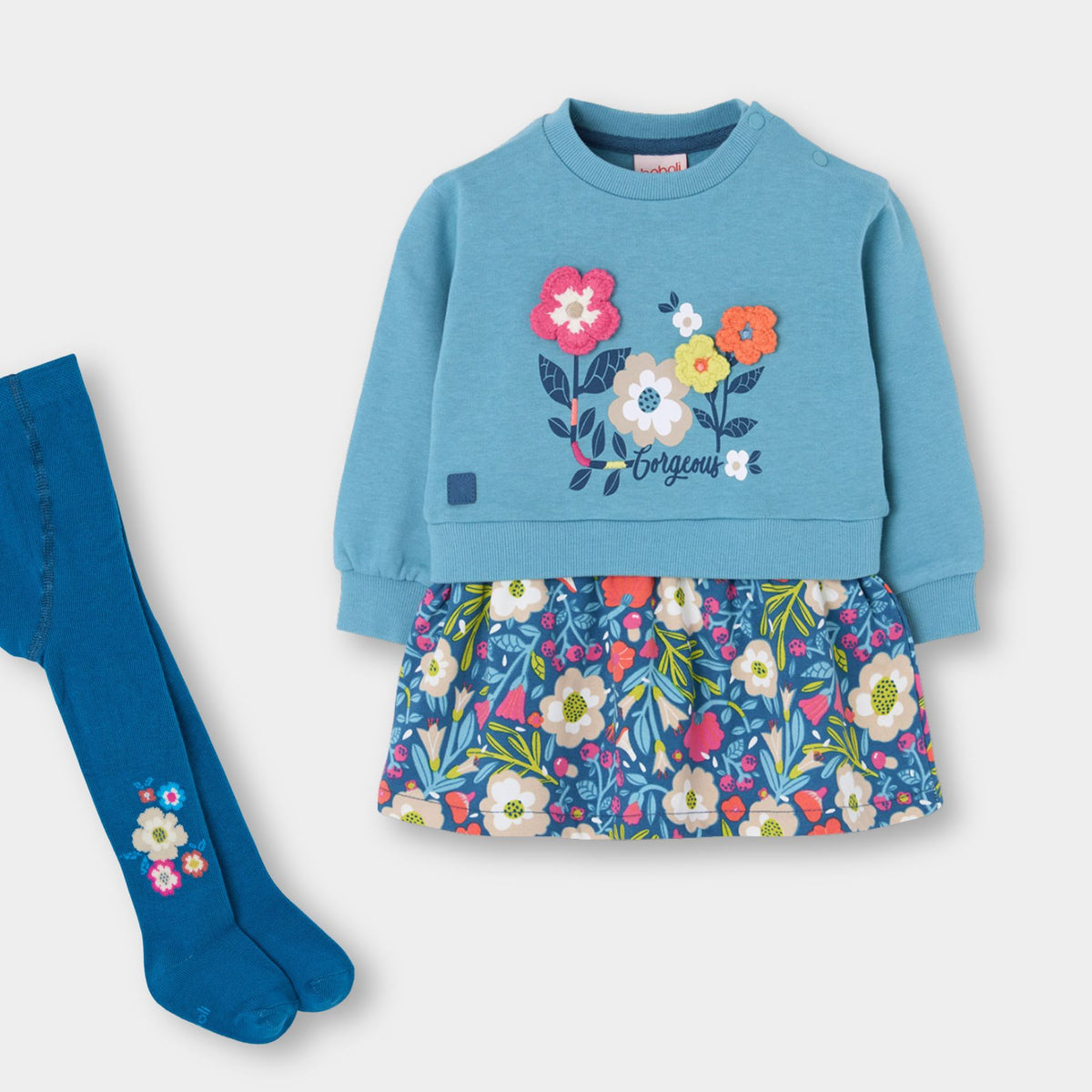 Vestido felpa azul combinado con mallas mini niña