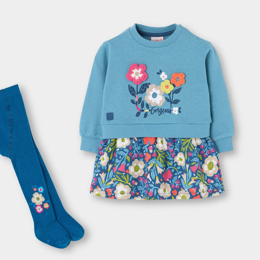 Vestido felpa azul combinado con mallas mini niña