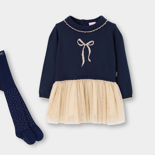 Vestido tricot combinado tul con mallas azul marino mini niña