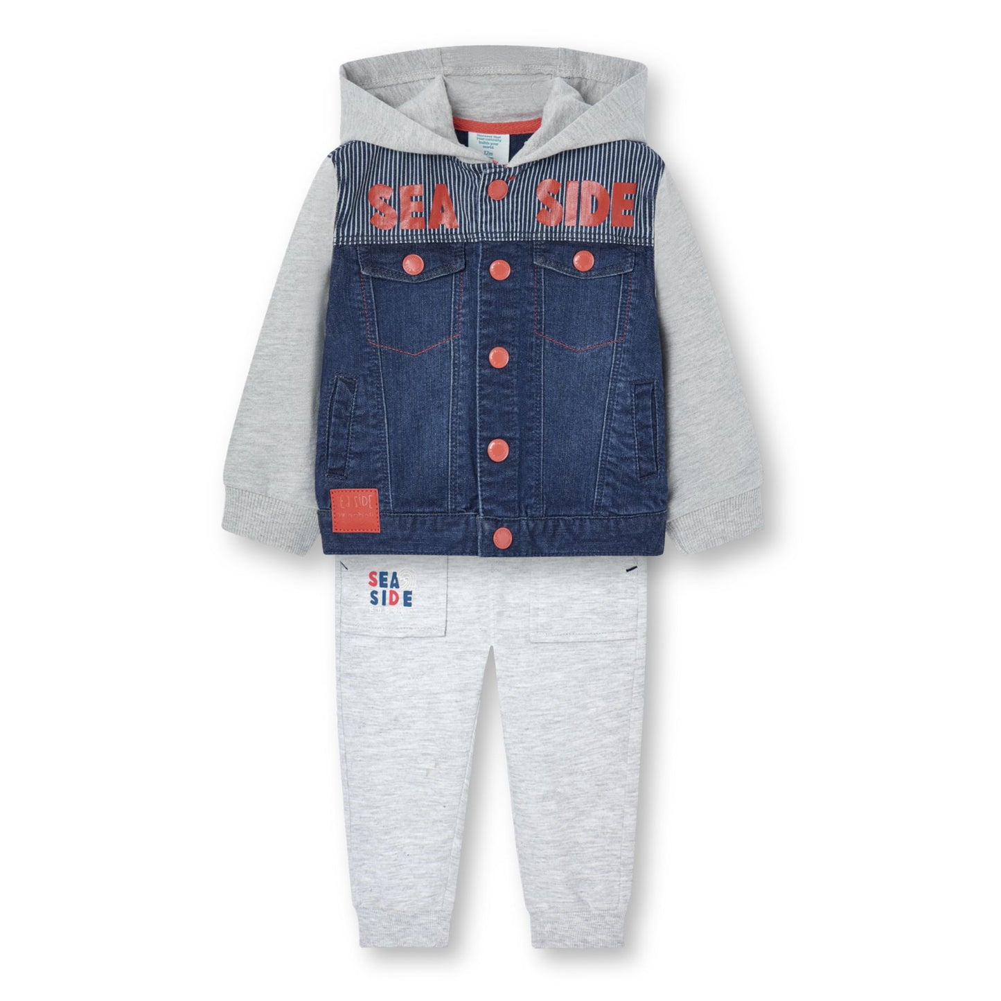 Conjunto chamarra denim combinada con pants mini niño
