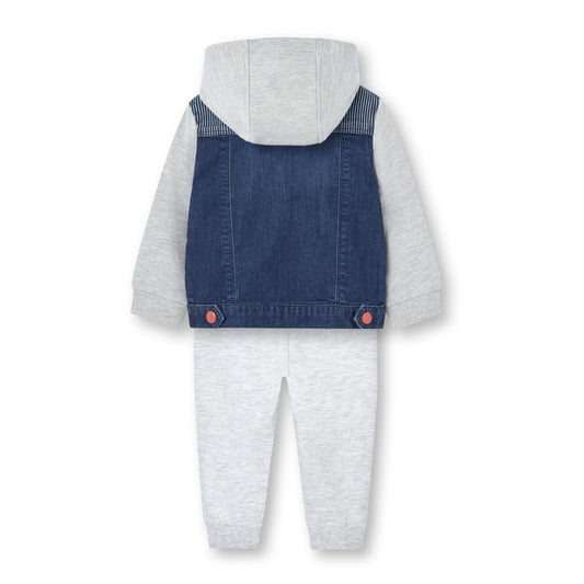 Conjunto chamarra denim combinada con pants mini niño