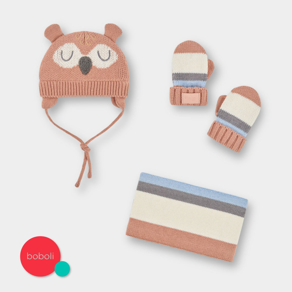 Pack gorro, bufanda y guantes búho para bebé niño