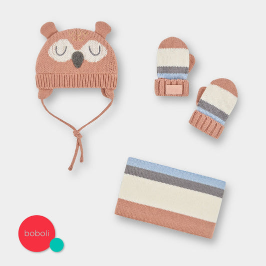 Pack gorro, bufanda y guantes búho para bebé niño