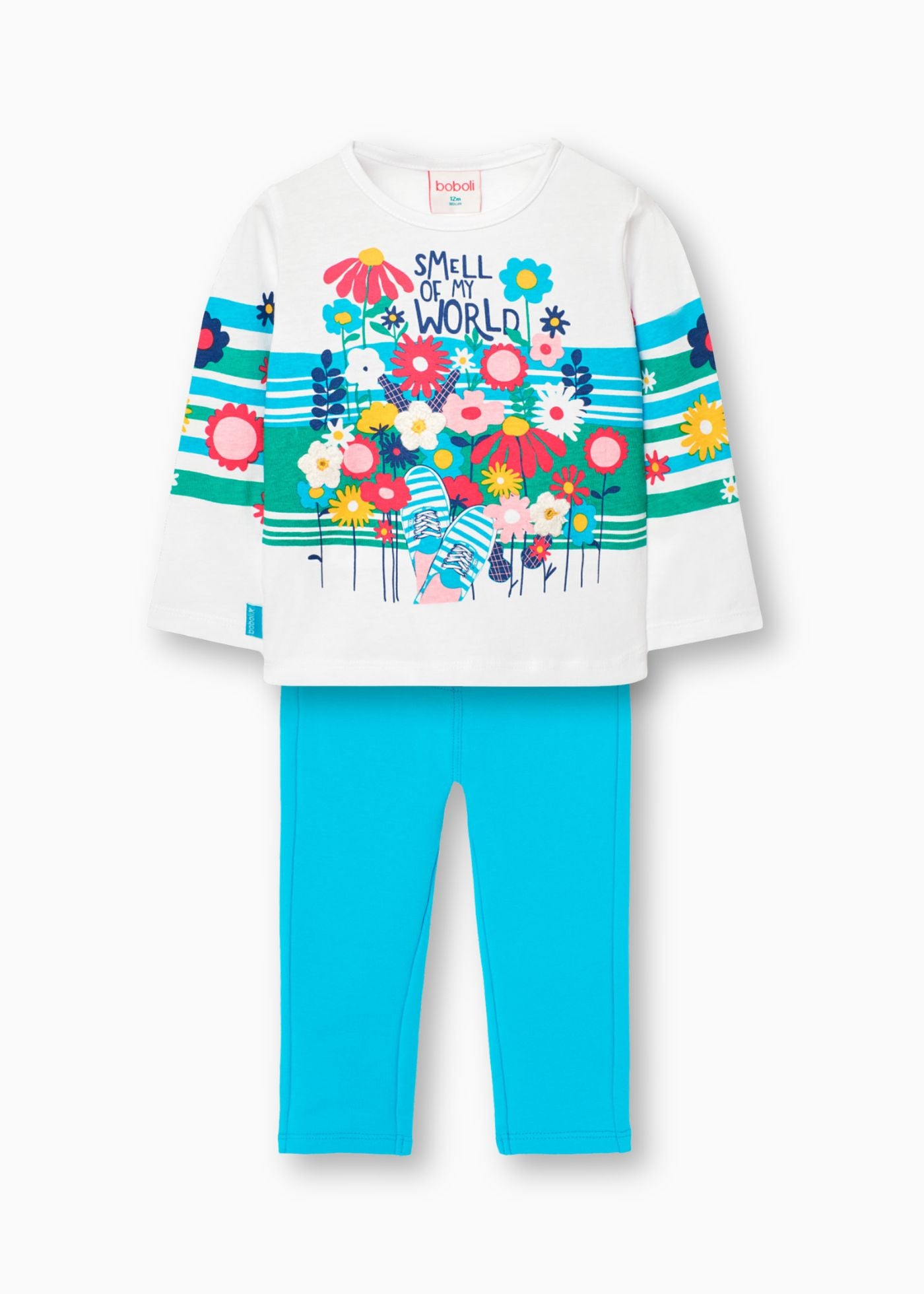 Conjunto blusa flores con pantalón de felpa azul mini niña