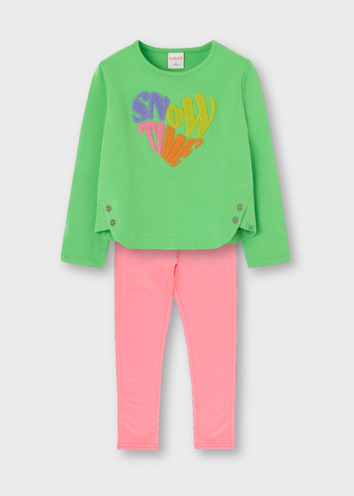 Conjunto blusa verde neon con pantalón rosa felpa niña jr