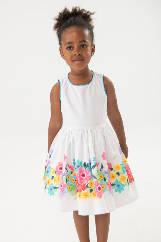 Vestido satén blanco con flores para mini niña
