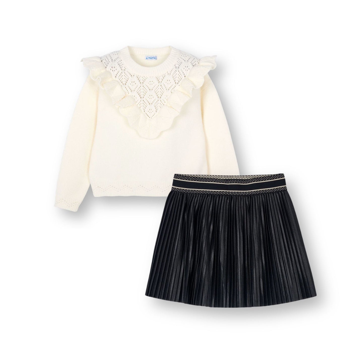 Cojunto suéter calados con falda plisada mini niña