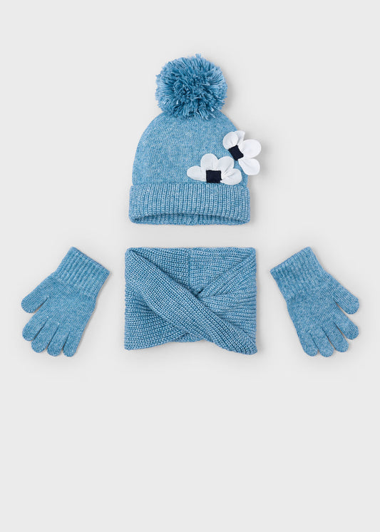 Conjunto azul 3 piezas bufanda mini niña