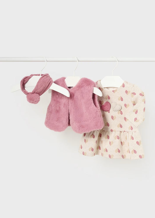 Vestido 3 piezas con chaleco pelo recién nacida