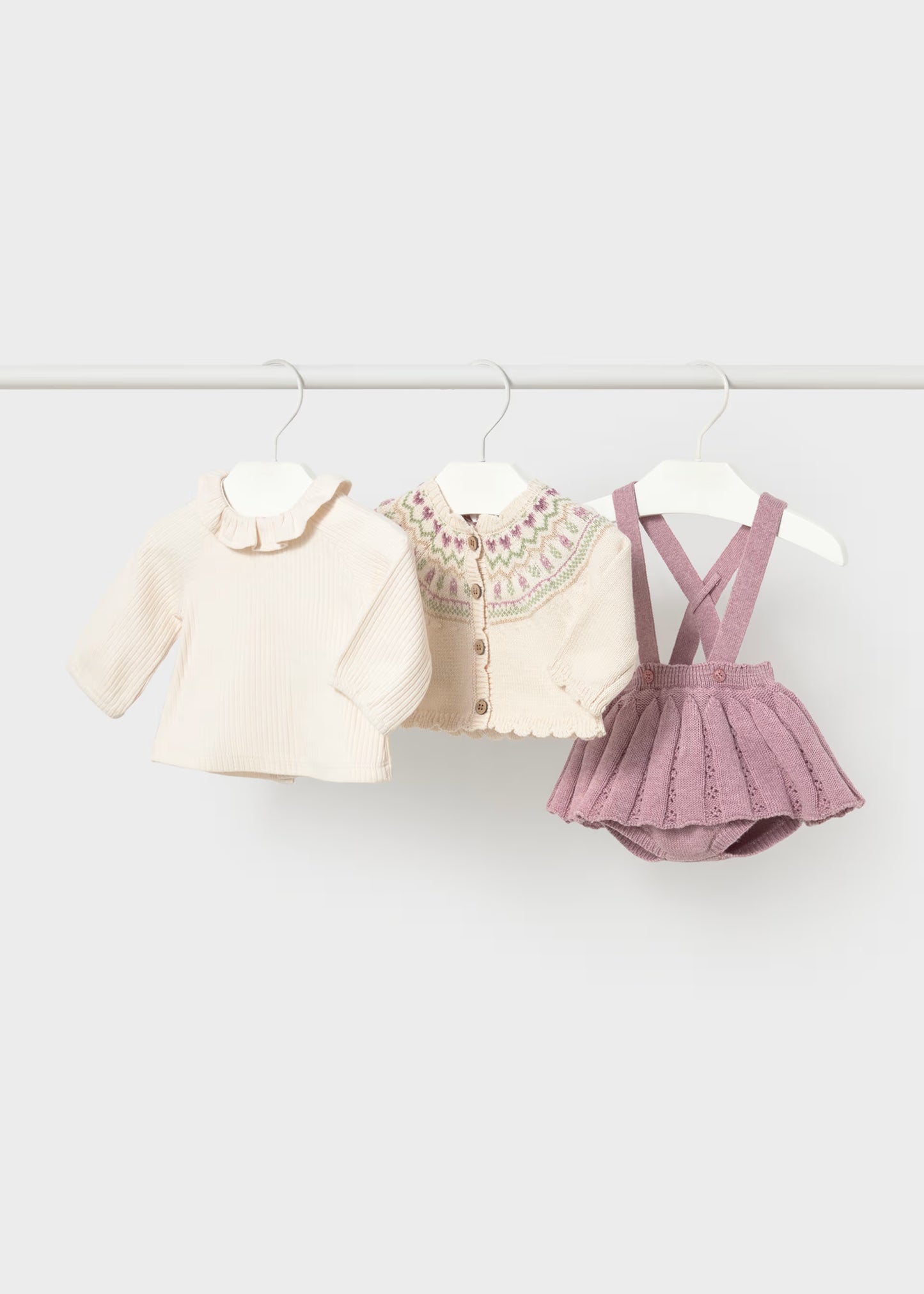 Conjunto 3 piezas falda tricot recién nacida