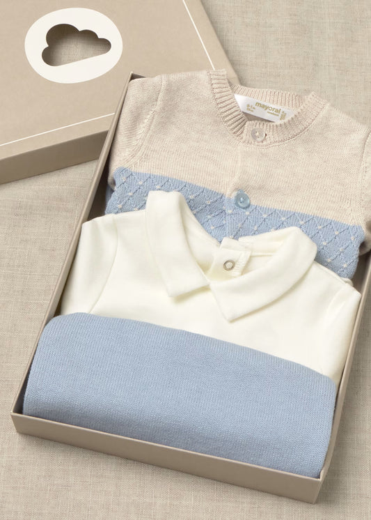 Conjunto 3 piezas suéter azul recién nacido