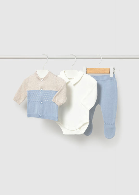 Conjunto 3 piezas suéter azul recién nacido