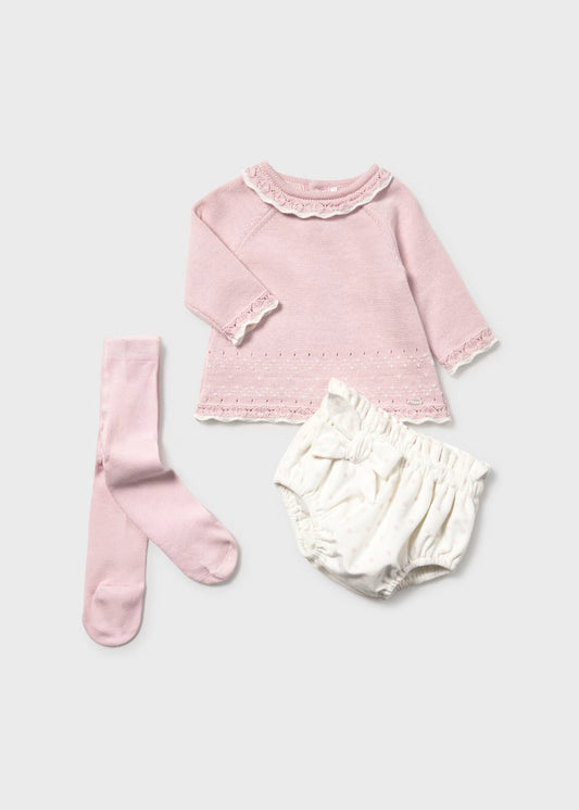 Conjunto 3 piezas tricot rosa recién nacida