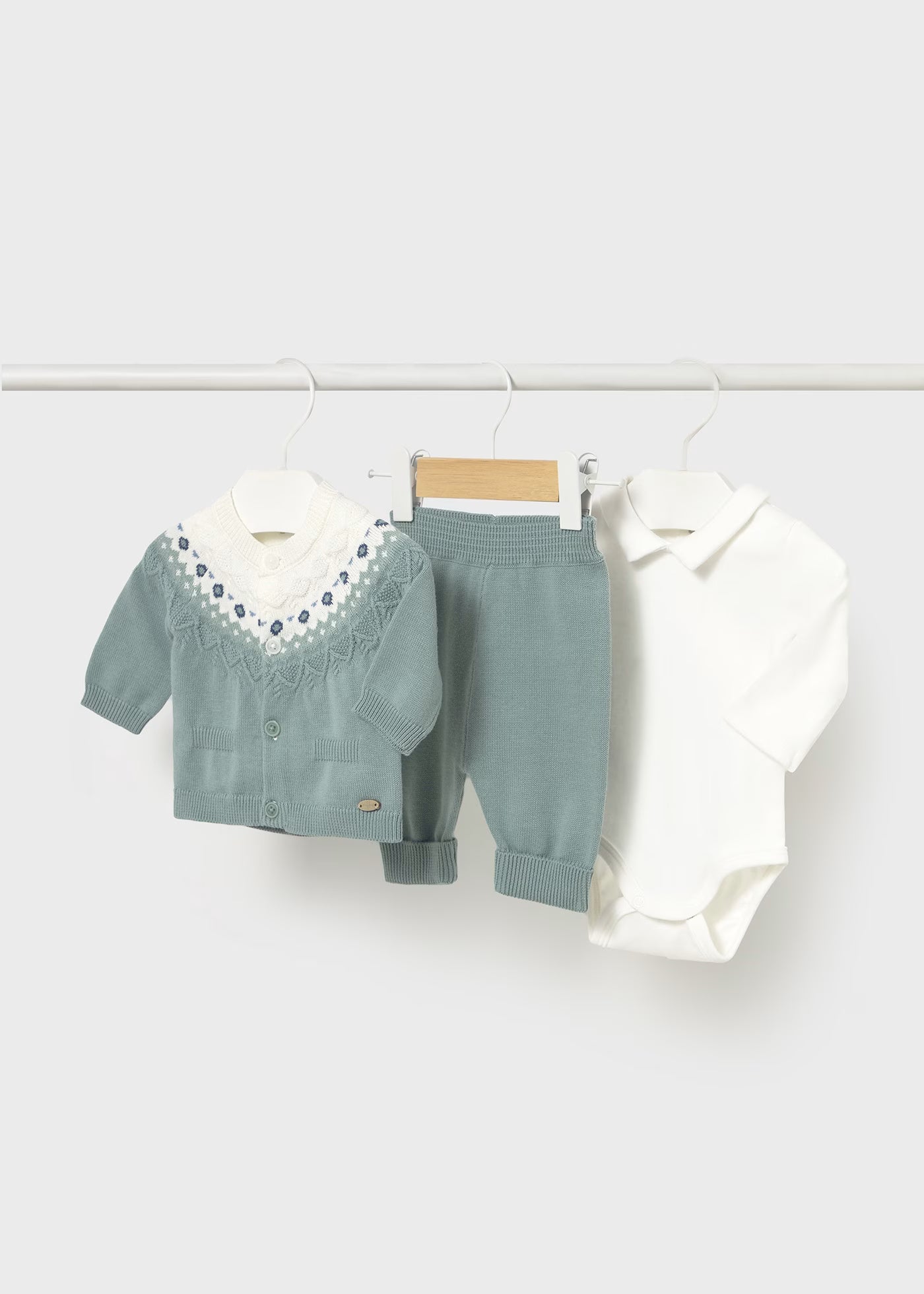 Conjunto 3 piezas tricot verde aqua recién nacido