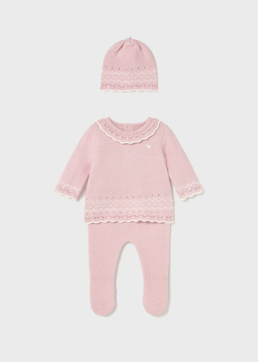 Conjunto 3 piezas tricot  rosa recién nacida