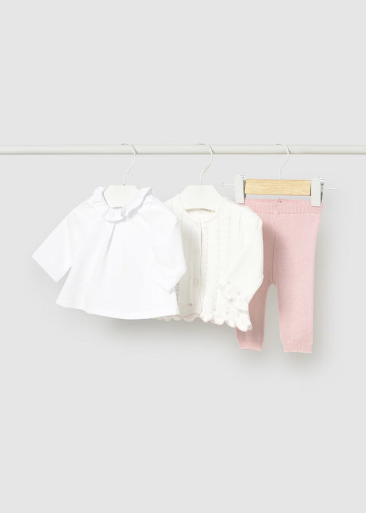 Conjunto rosa 3 piezas tricot recién nacida