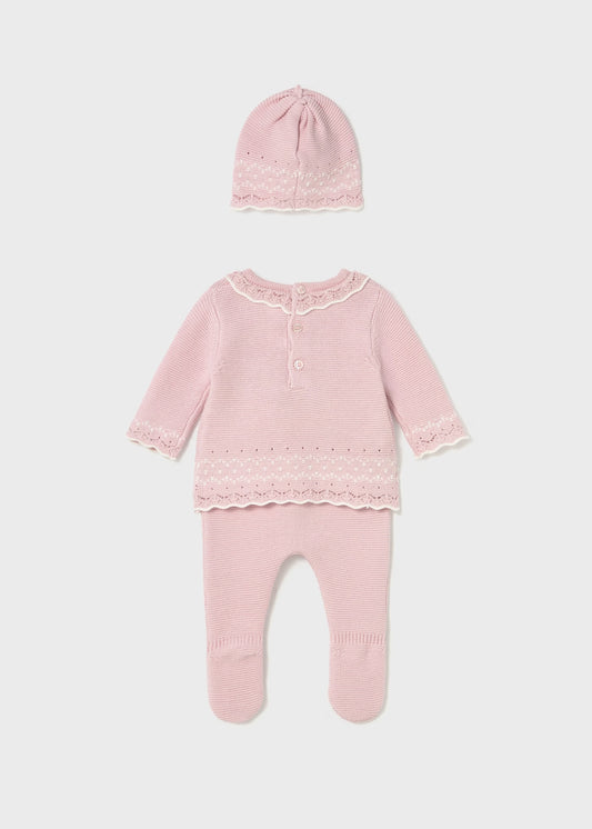Conjunto 3 piezas tricot  rosa recién nacida