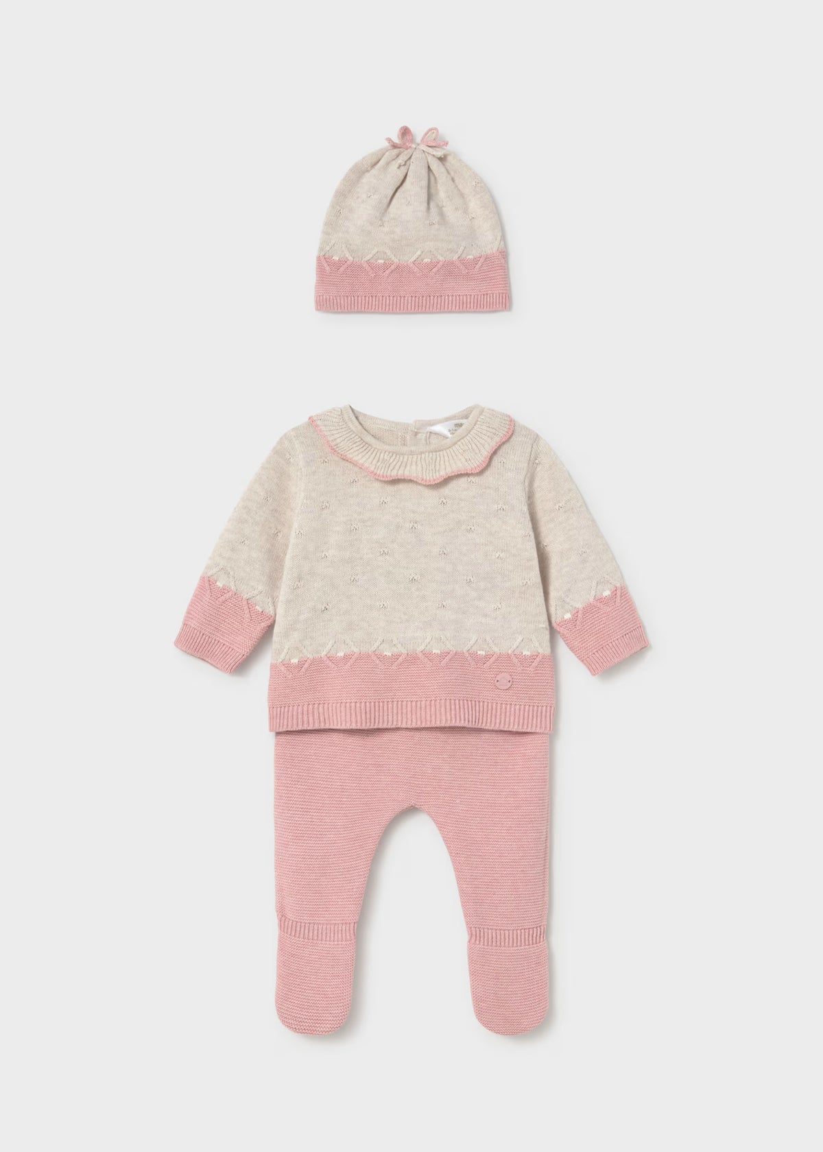 Conjunto 3 piezas rosa tricot recién nacida