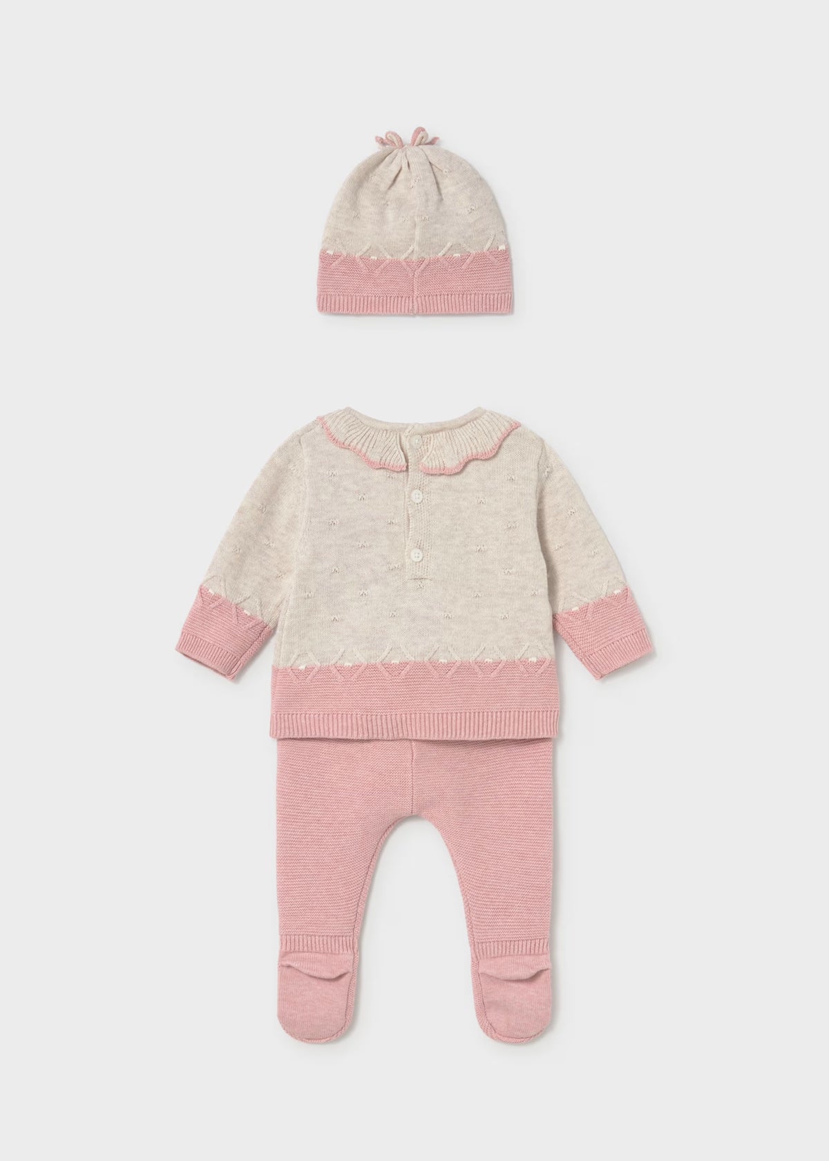Conjunto 3 piezas rosa tricot recién nacida