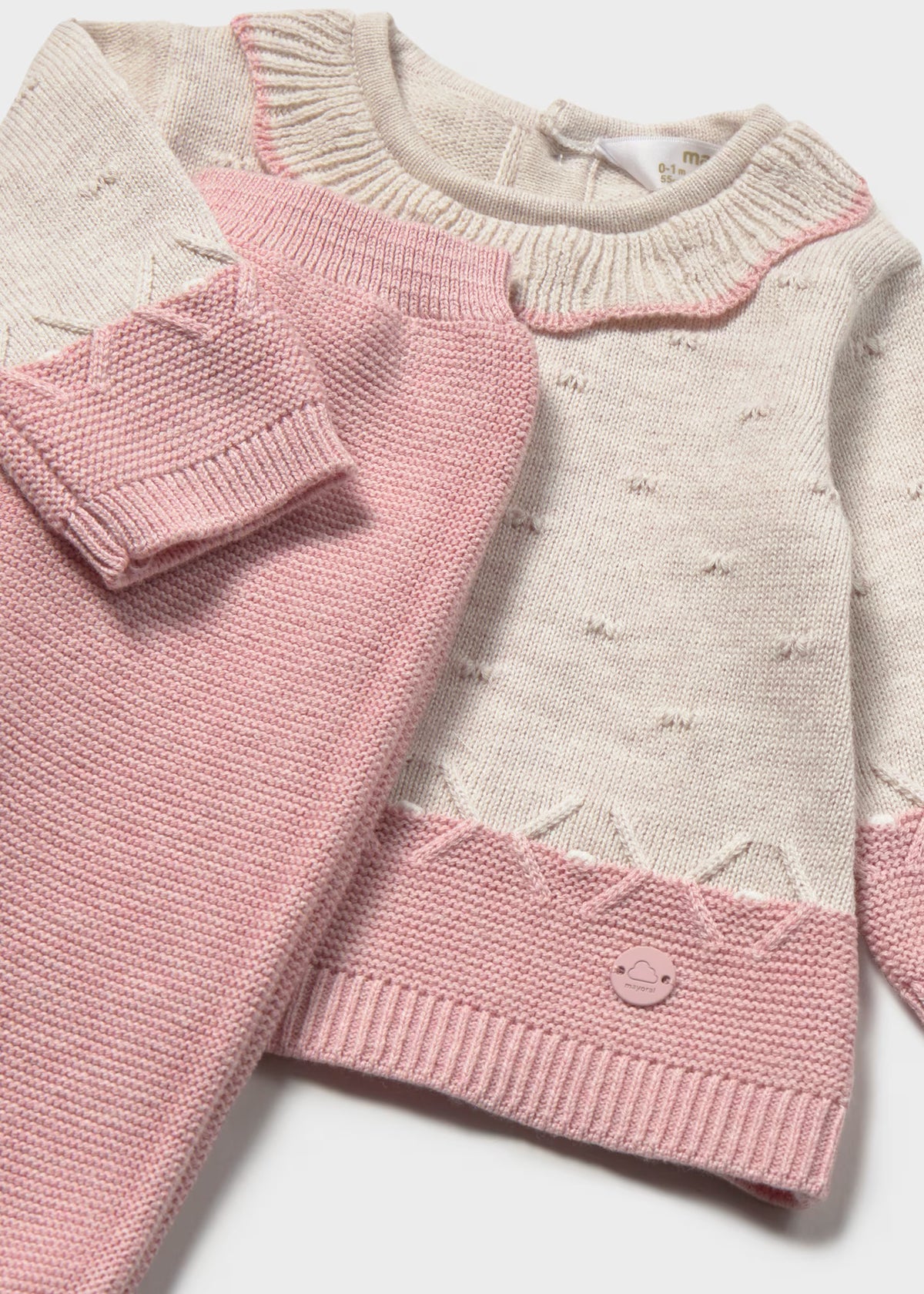 Conjunto 3 piezas rosa tricot recién nacida