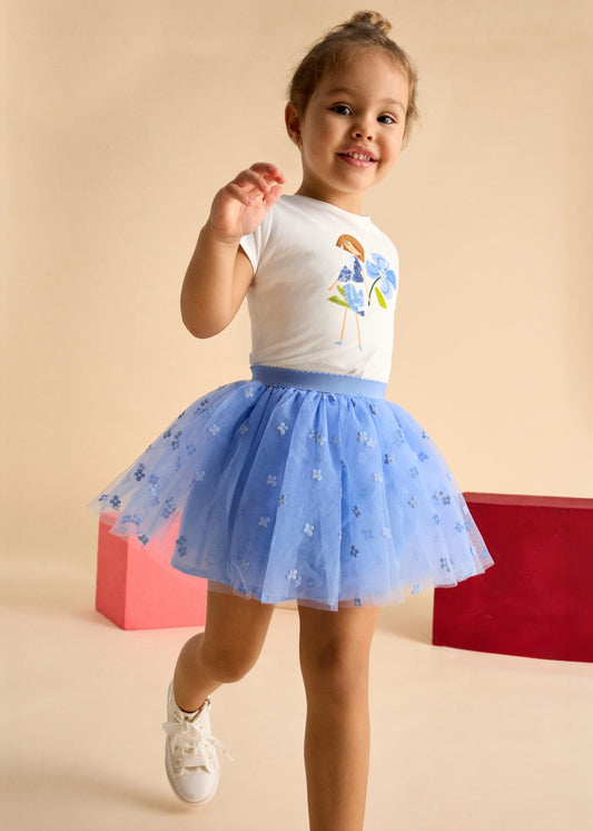 Conjunto blusa con falda tul azul mini niña