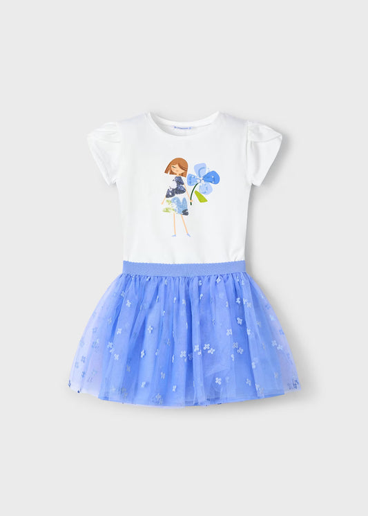 Conjunto blusa con falda tul azul mini niña