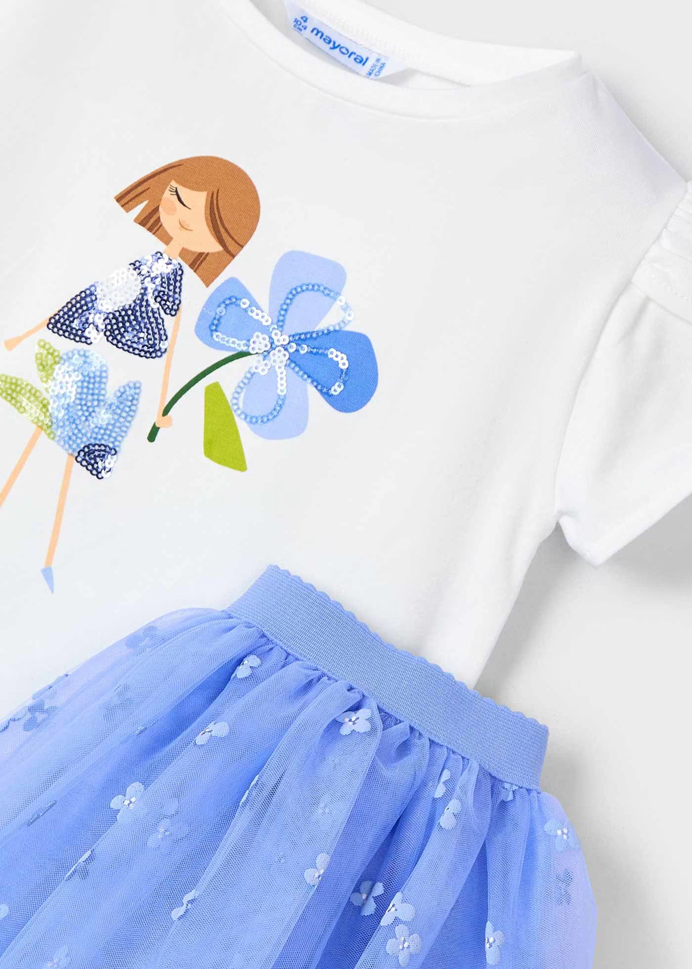 Conjunto blusa con falda tul azul mini niña