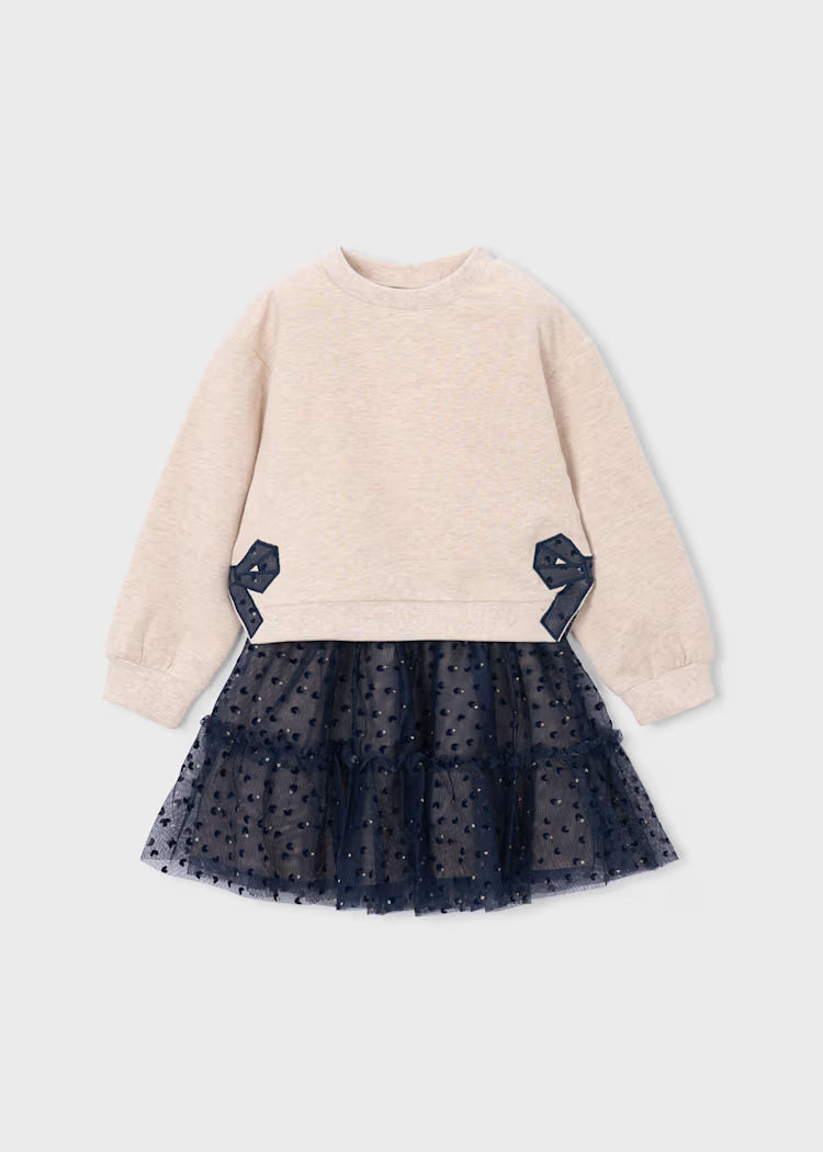 Conjunto sudadera con falda tul azul marino mini niña
