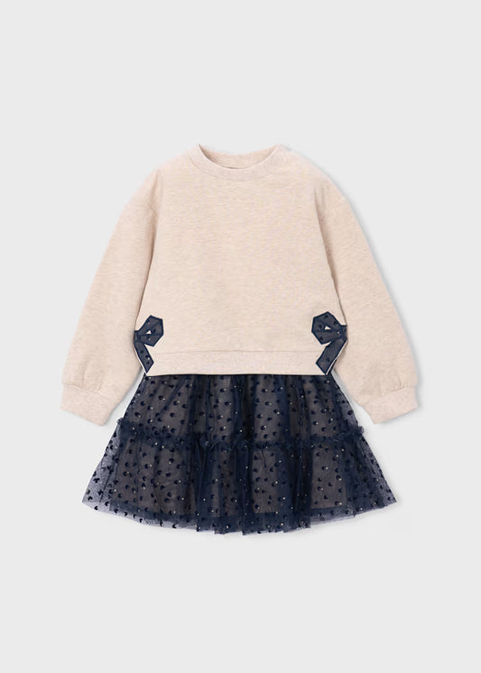 Conjunto sudadera con falda tul azul marino mini niña