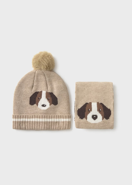 Conjunto gorro y bufanda perrito beige bebé niño
