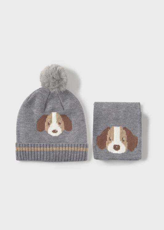 Conjunto gorro y bufanda perrito gris bebé niño