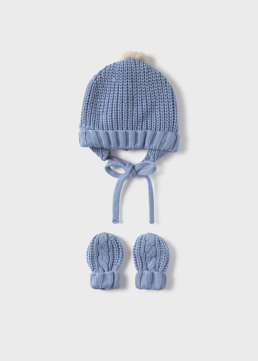 Conjunto gorro y guantes tricot azul recién nacido