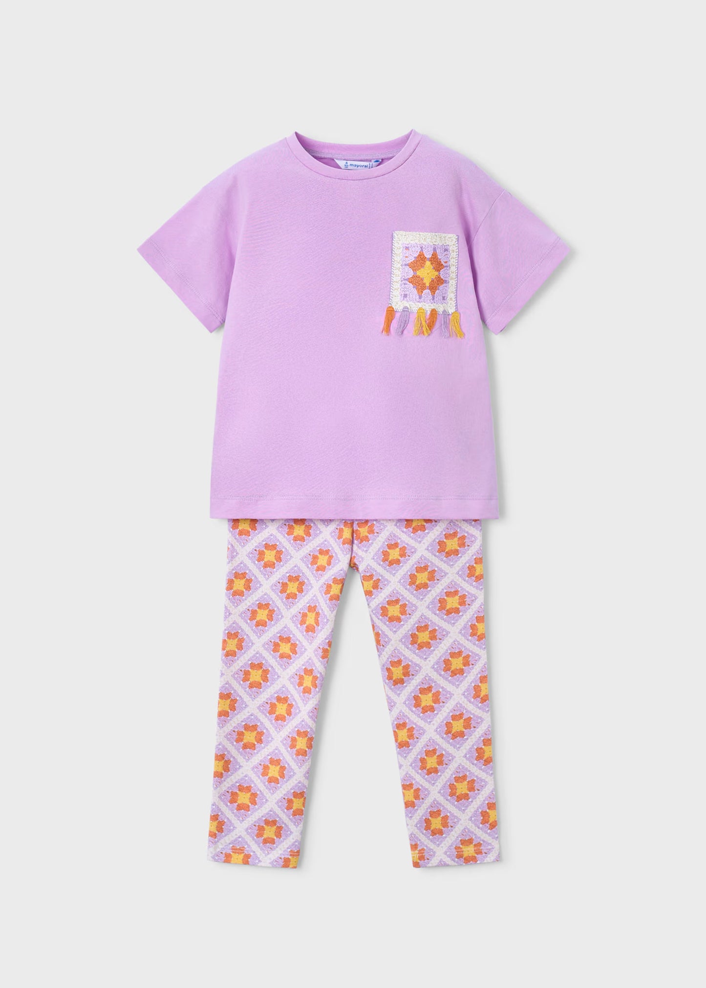 Conjunto legging estampado y blusa lila mini niña