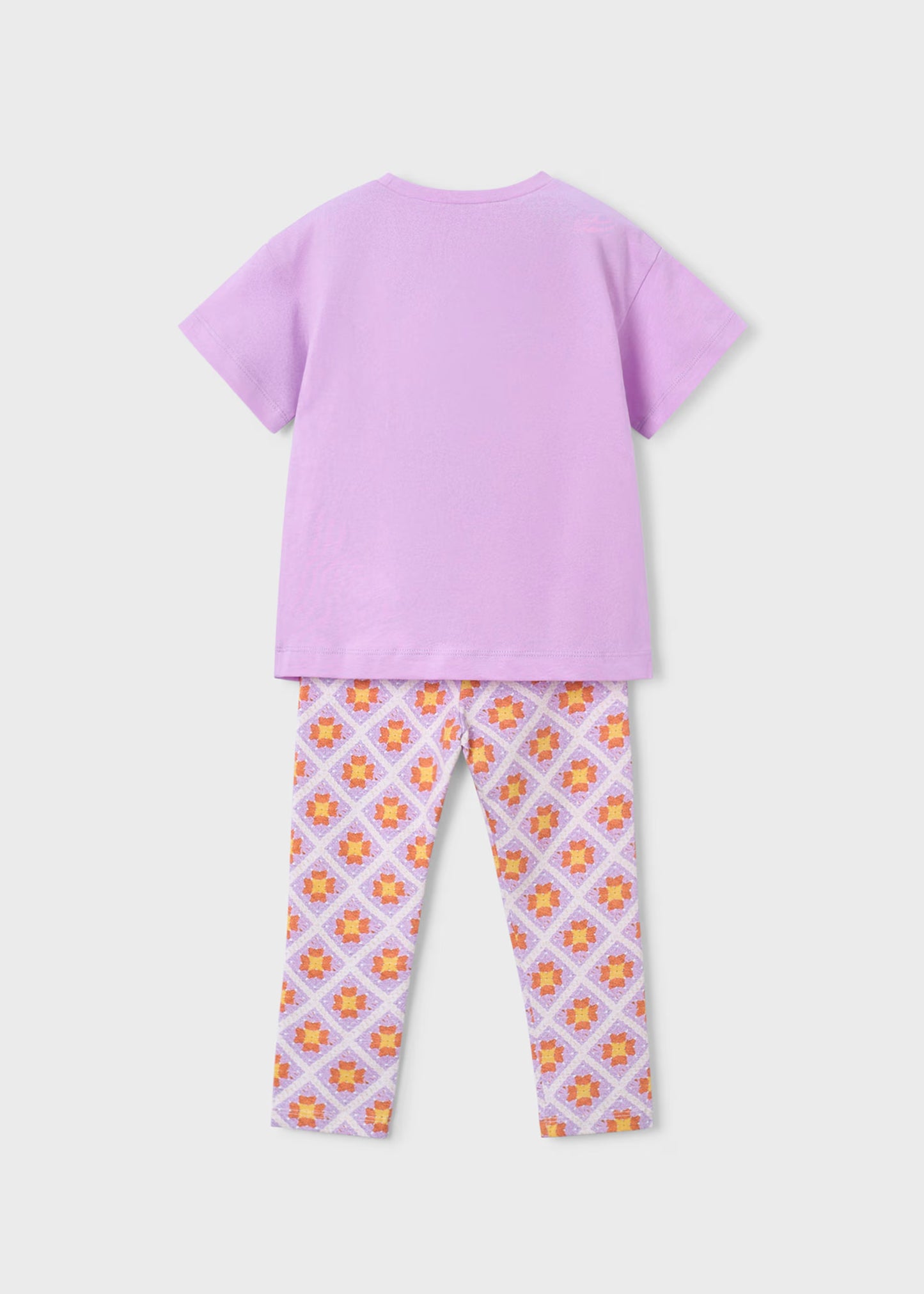Conjunto legging estampado y blusa lila mini niña