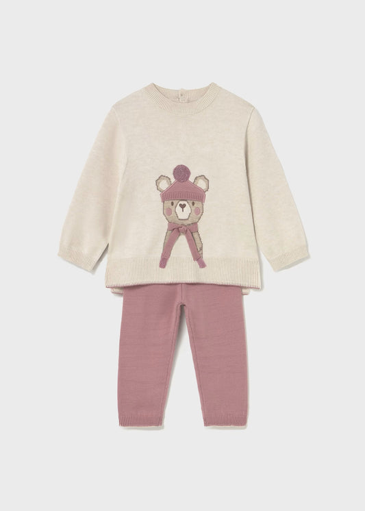 Conjunto rosa osito pantalón y suéter bebé niña