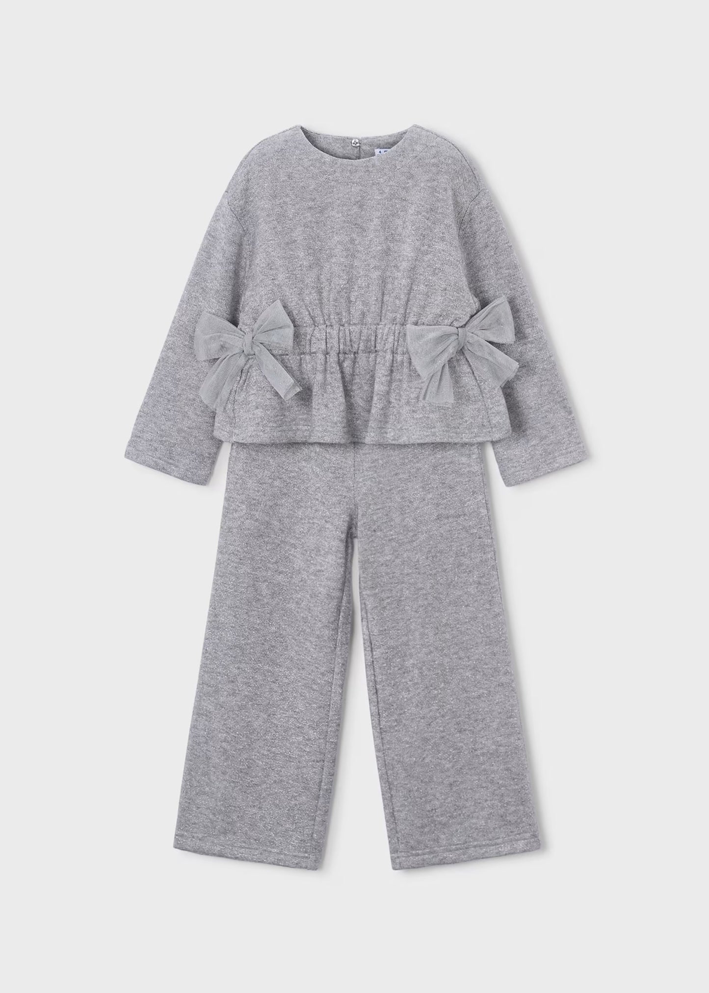 Conjunto gris pantalón y suéter moños mini niña