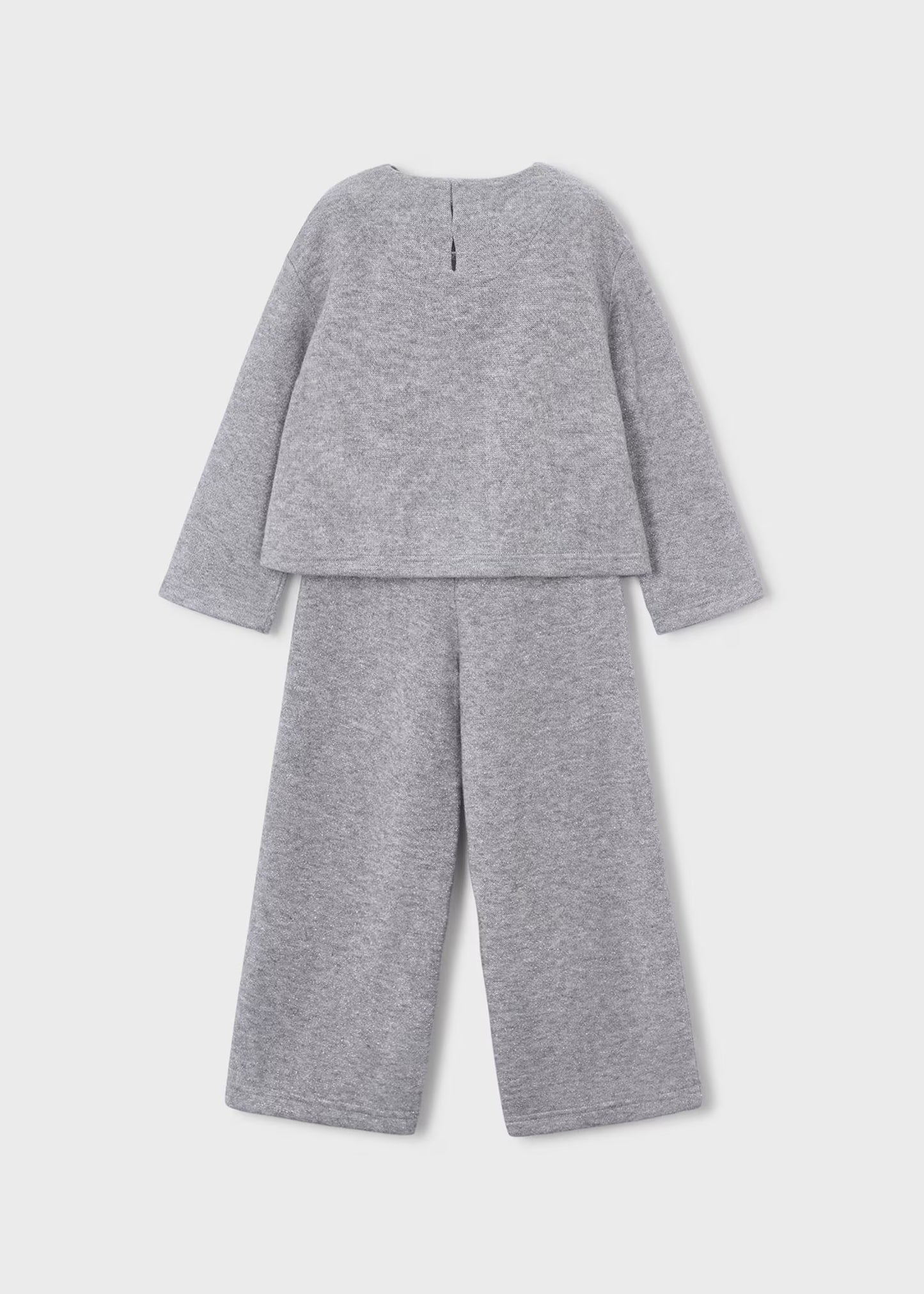 Conjunto gris pantalón y suéter moños mini niña