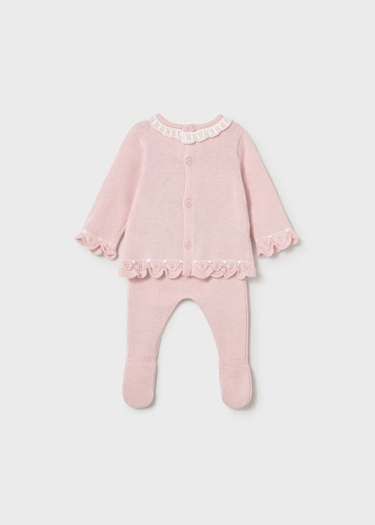 Conjunto rosa pantalón y suéter tricot recién nacida