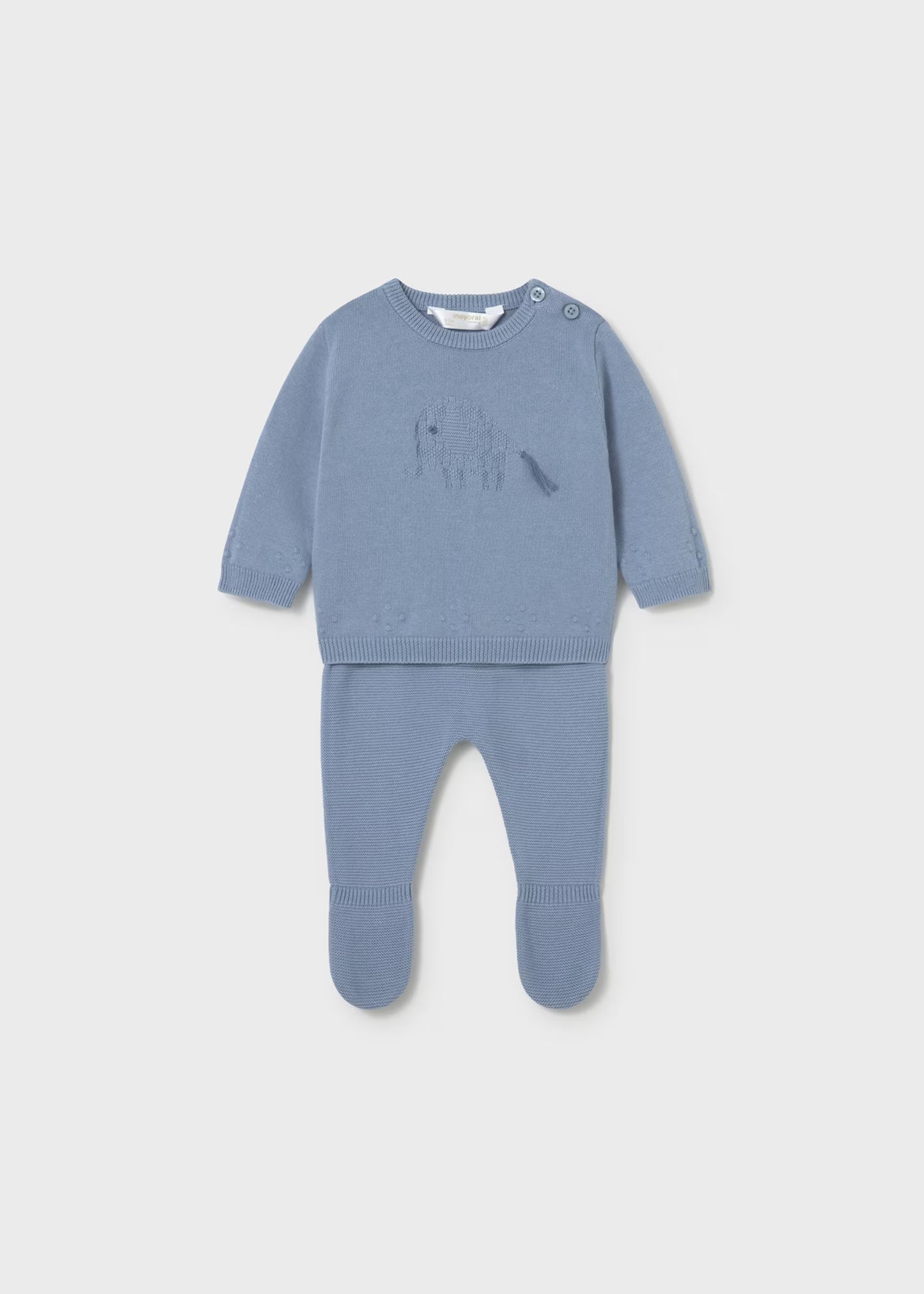 Conjunto pantalón y suéter tricot azul recién nacido