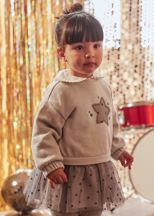 Vestido gris combinado tul estrella bebé niña