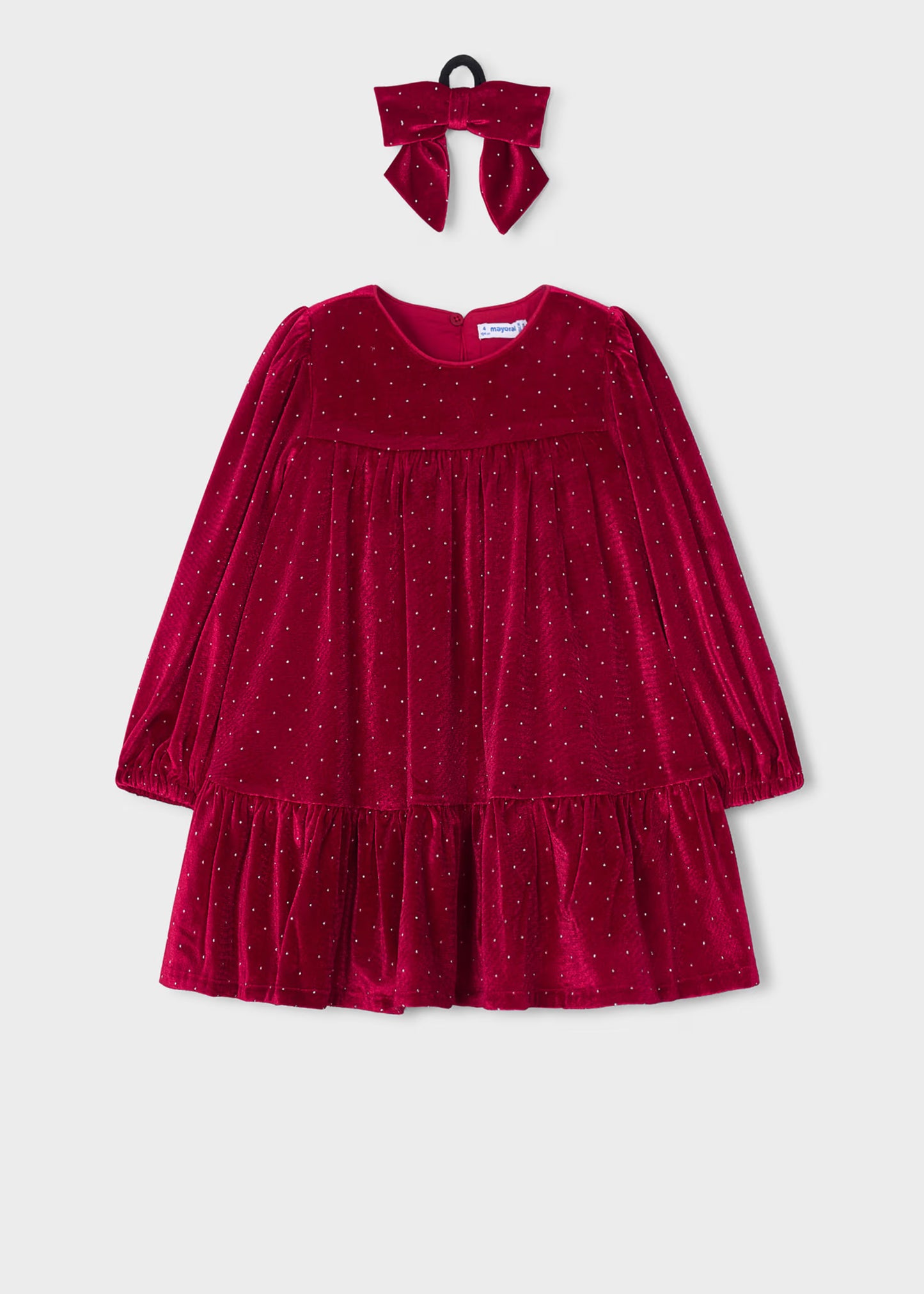 Vestido terciopelo rojo con coletero mini niña