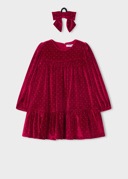 Vestido terciopelo rojo con coletero mini niña