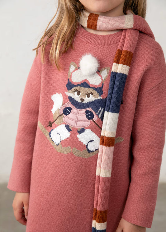 Vestido tricot rosa con bufanda mini niña