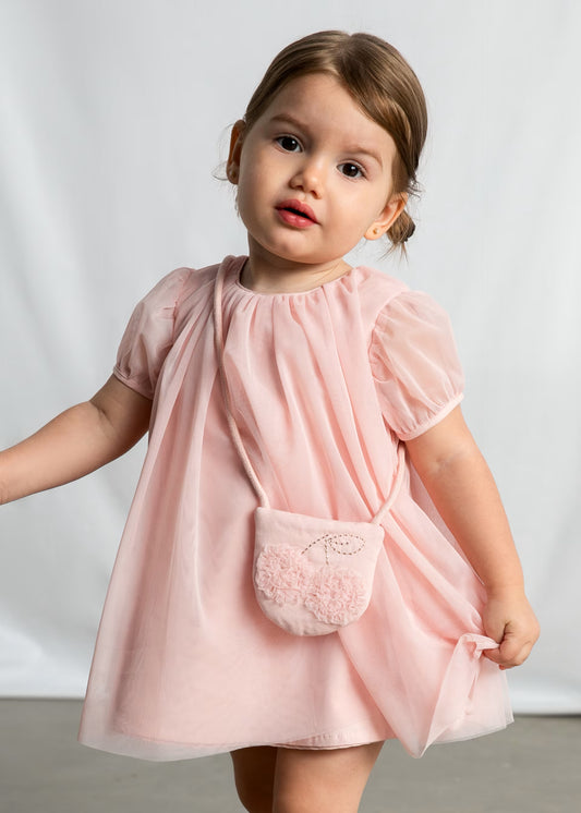 Vestido tul rosa peonia con bolsa bebé niña