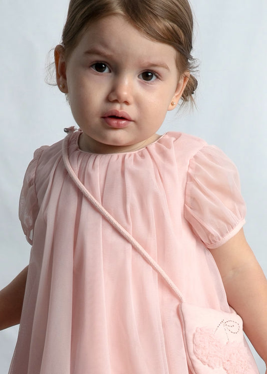 Vestido tul rosa peonia con bolsa bebé niña